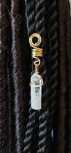 1 Quartz Crystal Loc Jewelry, Dreadlock Beads Copper Wire Wrapped Hair Coils Natural Gemstones Adornment for Women Braids Hair Decoration Accessories (Gold)