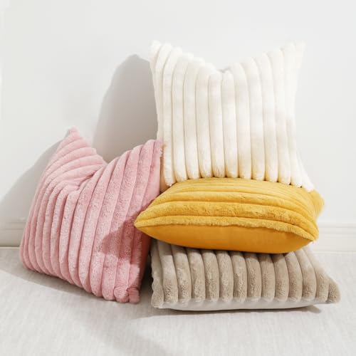 decorUhome Christmas Faux Fur Throw Pillow Covers 20x20 Set of 2, Decorative Soft Plush Striped Couch Pillow Covers with Velvet Back for Sofa, Bed, Living Room, Cream White