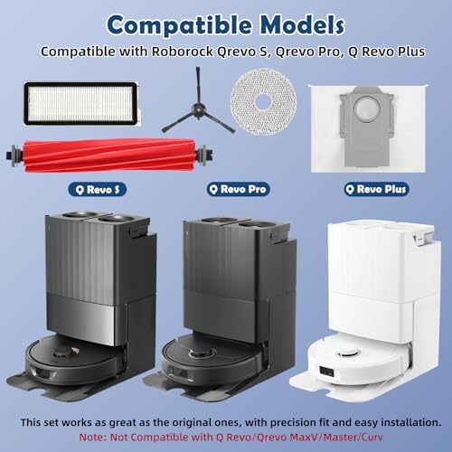 Accessories Replacement Kit for Roborock Q Revo S, Qevo Pro, Qrevo Plus Robot Vacuum, 1 Main Brush, 4 Mop Cloth, 2 HEPA Filter, 4 Black Side Brushes, 6 Dust Bag, 1 Cleaning Tool - 18 Pcs