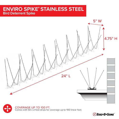 Bird B Gone - Pre-Assembled EnviroSpike Stainless Steel Anti Bird Spikes (100') - UV-Stabilized Polycarbonate Base - Humane Deterrent - Stops Pigeons & Birds from Roosting On Rooftops, Ledges, Fences