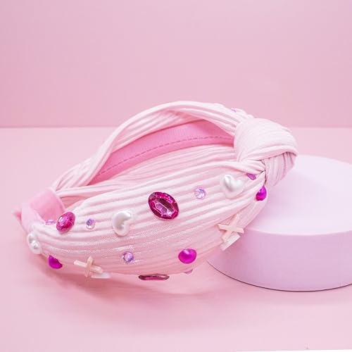 FROG SAC Top Knot Headband for Girls - Knotted Valentines Day Head Bands for Kids, Jeweled Rhinestone Vday Hair Band for Children, Pink Embellished Hair Accessories for Toddlers, Little Girl Hairband