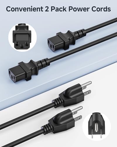[UL Listed] Cable Matters 2-Pack 16 AWG 3 Prong Long Computer Power Cord - 15ft, 13A Monitor Power Cord Replacement, AC Cable, NEMA 5-15P to IEC C13, Black