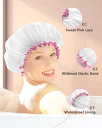 mikimini White Large Shower Caps for Women Long Hair Pack of 2, Reusable Waterproof Double Layers Bathing Hair Cap Soft Comfortable PEVA Lining, Cute, Non-fading & Stretchy Shower Hat X-Large