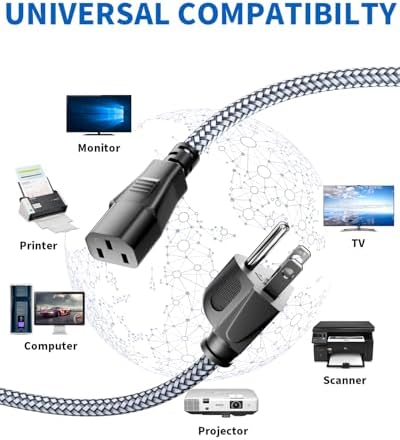Power Cord - 3 Pin Power Cord Braided,10FT/3m AC Replacement Power Cable 3 Prong,Universal Power Cord for Monitor, PS3, Xbox-360, TV, Computer, Printer,PC and More(10A,110V-250V,18AWG)