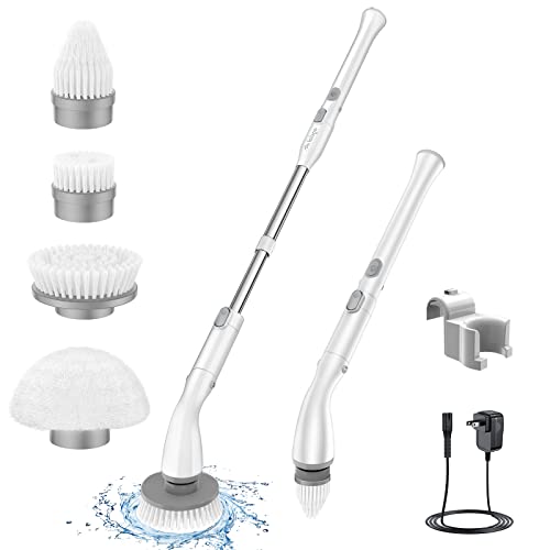 LABIGO Electric Spin Scrubber LA1 Pro, Cordless Spin Scrubber with 7 Replaceable Brush Heads and Adjustable Extension Handle, Power Cleaning Brush for Bathroom Floor Tile (White)