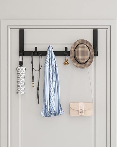 Over The Door Hooks Hanger with Extended Arms, Fits 1 3/4" Doors - Bathroom Accessories and Towel Rack Organizer Holder for Coat Robe Hat - 1 Pack, Matte Black