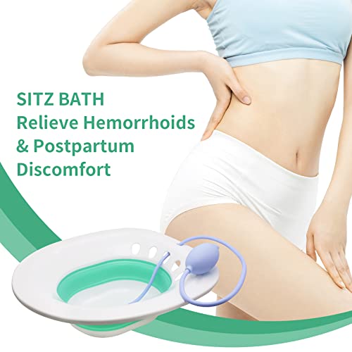 RUGUO Sitz Bath for Hemorrhoids - Sitz Bath for Toilet Seat - Foldable Sitz Bath for Postpartum Care, for Soothes Hemorrhoids & Perineum, Cleanse Vagina & Anal（Blue Accessories）