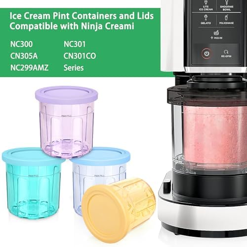 Creami Pints and Lids for Ninja - 4 Pack, Containers Replacement for Ninja Creami, 16oz Creamer Storage Containers Cups Jars Canisters Set Compatible with NC299AMZ & NC300s Series Ice Cream Maker