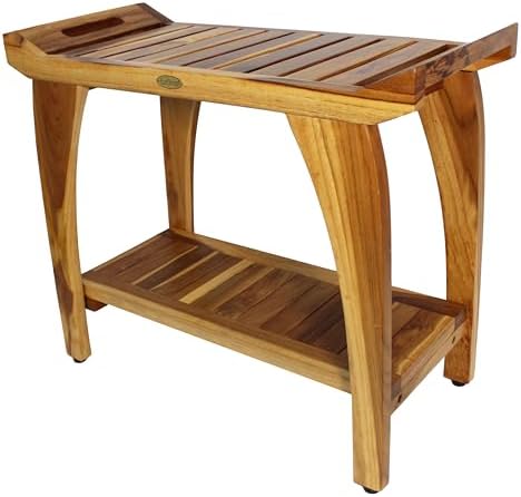 EcoDecors Tranquility 30 Inch Teak Wood Shower Bench with Shelf and LiftAide Arms in EarthyTeak Finish, Extended Height 24", Provides Safety, Storage, and Organization for Bathroom Accessories