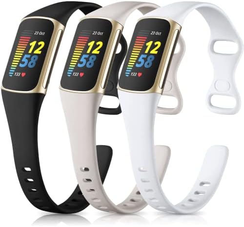 Maledan 3 Pack Bands Compatible with Fitbit Charge 5/Charge 6 Advanced Fitness Tracker, Soft Slim Sport Waterproof Replacement Accessory Wristbands for Women Men, Black/Gray/White