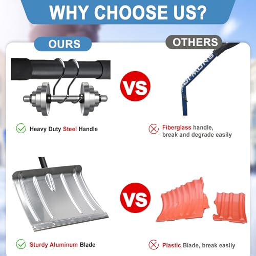 Snow Shovel for Driveway, Heavy Duty Aluminum Snow Removal Shovel - 67" Long Handle Ergonomic Metal Snow Push Shovel, Portable for Car Trunk Home Garage Backyard Walkway Parking