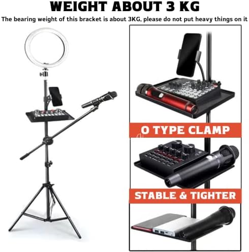 Universal Microphone Stand Tray with Phone Holder, Mic Stand Clamp-On Utility Shelf Rack Tray Holder for Music Sheet, Live Streaming, Live Broadcast, Karaoke, Recording, Music Stand Accessories