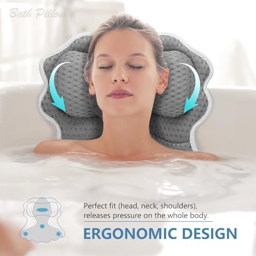 SetSail Bath Pillow, Relaxing Bath Pillows for Tub Neck and Back Support Soft 4D Breathable Air Mesh Ergonomic Bathtub Pillow with 6 Strong Suction Cups and Hook Luxury Bathroom Accessories,Grey