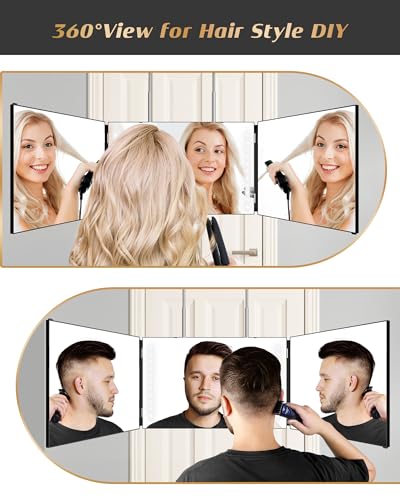 JUSRON 360 Viewing Angle Self Hair Cutting Mirror, Clear Anti-Fog HD Glass (Black with LED with Accessories)