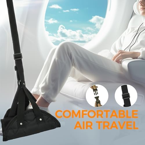 TESSAN Airplane Foot Rest, Leg Hammock for Plane Travel Essentials, Adjustable Flight Accessories Foot Rest, Memory Foam Swing Feet Hammock for Flying, Office, Home, Car, Train, 2 Pack, Black
