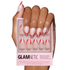 Glamnetic Press On Nails - Mrs. Claus | Semi-Transparent Red French Tip Santa Hat Short Almond False Nails, Reusable Stick On Fake Nails with Glue | Salon Quality | 15 Sizes - 30 Nail Kit