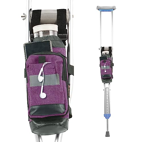 Crutch Bag Lightweight Crutch Accessories Storage Pouch with Reflective Strap and Front Zipper Pocket for Universal Crutch Bag to Keep Item Safety (Purple)