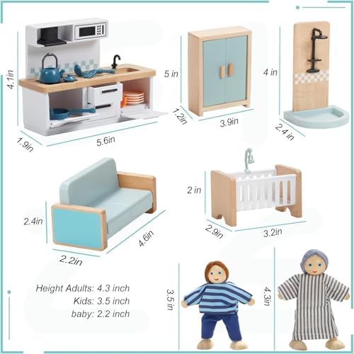 36pcs Wooden Dollhouse Furniture Set 5 Rooms with 4 Family Dolls, Wood and Plastic Blue Dollhouse Accessories, Pretend Play Furniture Toys Christmas Birthday Gift for Boys Girls & Kids Toddlers 3Y+