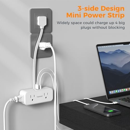 Short Extension Cord 6 inch, TESSAN Thin Flat Plug Power Strip with 4 AC Outlets 3 USB (1 USB C) Ports, Silm Charging Station Desk Organizers for Home Bedroom Hotel Office Desktop Accessories
