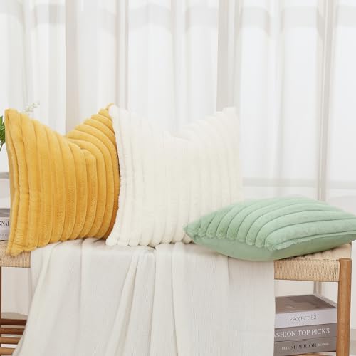 decorUhome Christmas Faux Fur Throw Pillow Covers 20x20 Set of 2, Decorative Soft Plush Striped Couch Pillow Covers with Velvet Back for Sofa, Bed, Living Room, Cream White
