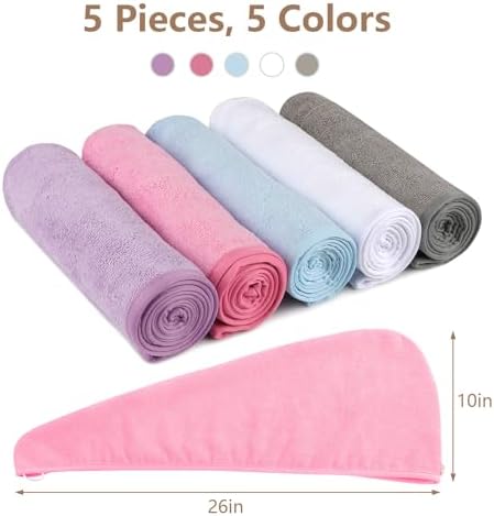AIDEA Microfiber Hair Towel Wrap, 5 Pack Hair Turbans, Super Absorbent Quick Dry Hair Towel Wrap for All Hair Types Anti Frizz, Hair Accessories for Women, 26"×10"