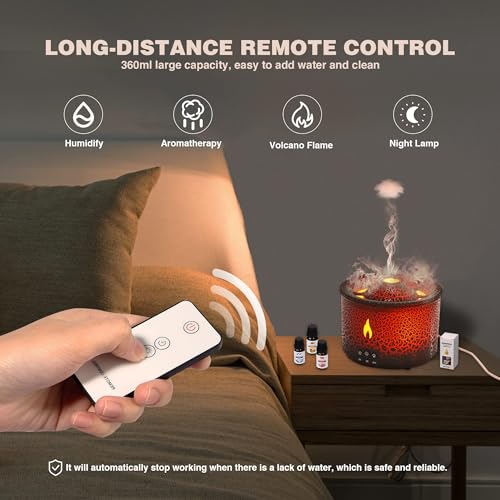 Essential Oil Volcano Diffuser, Volcano Humidifier Diffuser with 4 Essential Oils, 2 Mist Modes, Timer and Waterless Auto-Off, Aromatherapy Diffuser for Home Office, 360ml, Black