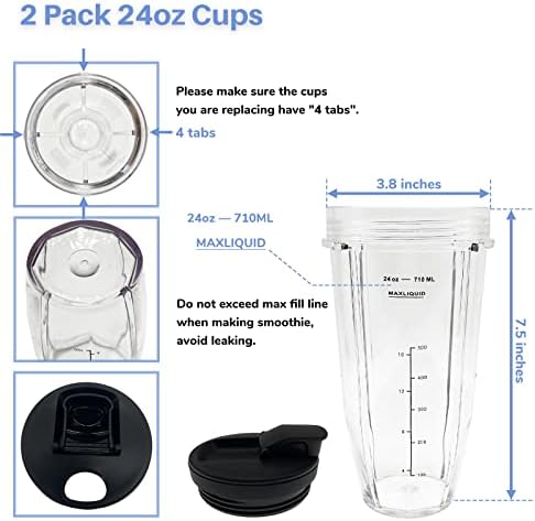 Blender 24 oz Cups with Lids & 6 Fins Female Blade Replacement Parts for Ninja, Extractor Blade for Nutri Ninja Auto iQ BL480D 30 DOB, BL450 69, BL456 70, BL480 70, BL455 30 DOB, BL482 30 DOB