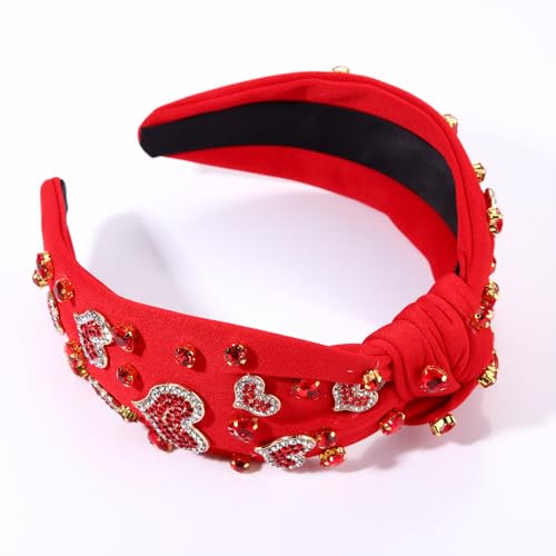 Valentine’s Day Heart Headbands for Women Valentine’s Day Accessories Jeweled Beaded Heart Knotted Headband Pink Red Rhinestone Wide Top Knot Headband Valentine Party Favors Gifts (Valentine's 2)