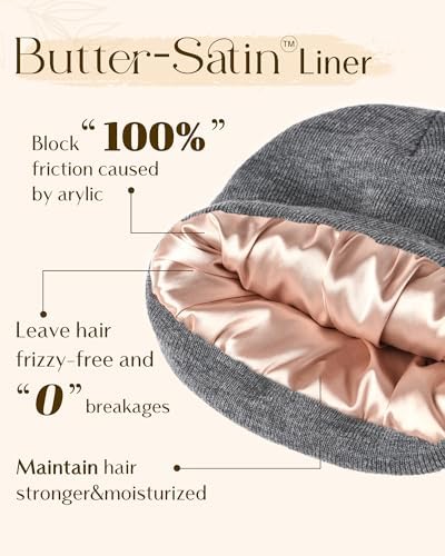 YANIBEST Womens Satin Lined Knit Beanie Hat Acrylic Winter Hats for Women Men Silk Lining Soft Slouchy Warm Cuffed Beanie Hat