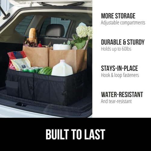 GORILLA GRIP Large Capacity Sturdy Trunk Storage Organizer, Slip and Water Resistant Collapsible Organization Container for Car Sedan or SUV, Multi Compartment Container Box Vehicle Accessories, Black