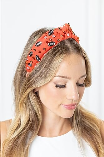 Football Headband Pearl Rhinestone Jeweled Knotted Headband Fun Sports White Hot Pink Black Blue Football Embellished Wide Top Knot Hairband Headpiece Game Day Sports Hair Accessories Gift for