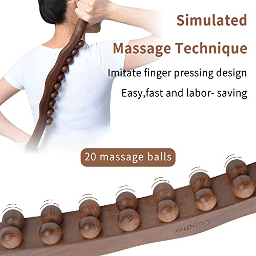 Goodtar Guasha Wood Stick Tools Wooden Therapy Scraping Lymphatic Drainage Massager, Double Row 20 Beads Point Treatment Gua Sha Tools for Back Leg,1 pcs