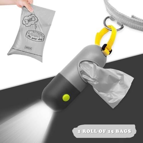 Dog Poop Bags Holder with LED Flashlight|Pet Waste Bags Dispenser for Leash|Doggie Potty Bags Container with Leak-proof Pet Trash Bags and Accessories (1 Holder 195 Bags, Grey and Black)