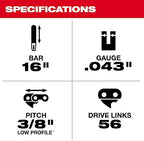 Milwaukee 48-09-3001 Replacement 16 inch Chainsaw Bar
