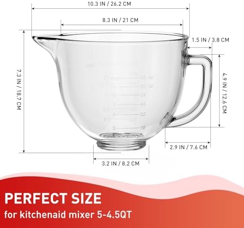 Glass Bowl Compatible With KitchenAid 4.5-5QT Tilt-Head Stand Mixers, Glass Mixing Bowl Replacement with Measurement Markings & Pour Spout for Kitchen Aid Mixer Accessory, Microwave & Freezer Friendly