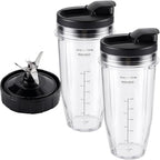 5-piece Blender Replacement Parts 24oz Ninja Blender Cups with To-Go Lids, 7 Fins Extractor Blade Compatible with Nutri Ninja Auto iQ Blenders BL2012 BN801 BL480 BL682 BL642