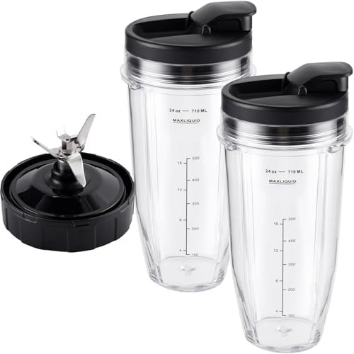 5-piece Blender Replacement Parts 24oz Ninja Blender Cups with To-Go Lids, 7 Fins Extractor Blade Compatible with Nutri Ninja Auto iQ Blenders BL2012 BN801 BL480 BL682 BL642