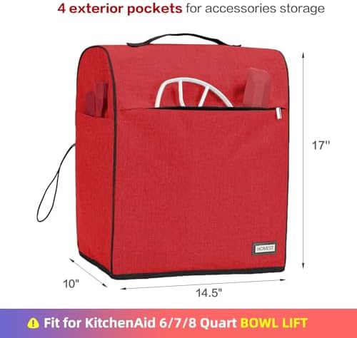 HOMEST Stand Mixer Dust Cover Compatible with KitchenAid 6/7/8 Quart Bowl Lift, Zipper Pocket for Various Kitchen Appliance Accessories, Red (Patent Design)