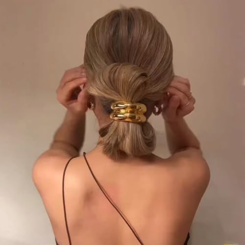 papasgix Metal Hair Ties, Metal Geometric Elastic Hair Ties, Hair Cuff Wrap Hair Ties for Thick Hair Elastic Hair Ties for Women Hair Accessories (Gold+Silver-1)