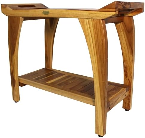 EcoDecors Tranquility 30 Inch Teak Wood Shower Bench with Shelf and LiftAide Arms in EarthyTeak Finish, Extended Height 24", Provides Safety, Storage, and Organization for Bathroom Accessories