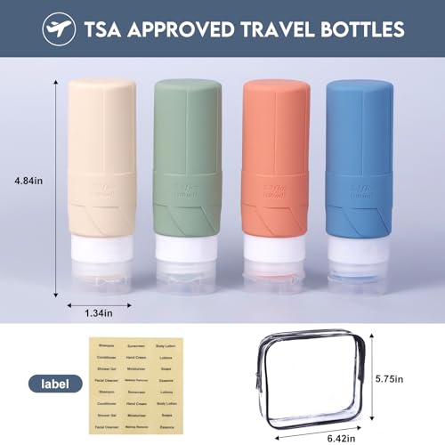 FADVAN Travel Bottles for Toiletries, 3.3oz Tsa Approved Travel Size Containers, BPA Free Leak Proof Silicone Travel Bottles, Refillable Travel Accessories Easy to Squeeze and Clean (Morandi)
