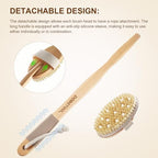 Dry Brushing Body Brush - Natural Boar Bristle Body Brush Set with Face Brush, Wooden Long Handle Scrub Body Brush for Cellulite Treatment, Lymphatic Drainage, Detachable, 3 Brush Heads