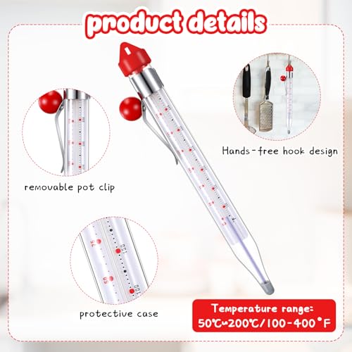 Photect 2 Pcs Candy Thermometer with Pot Clip 8" Deep Fry Oil Thermometer Instant Read Cooking Food Thermograph Sugar Syrup Jam Jelly Oil Temperature Kitchen Accessories for Home Cooking(Red)