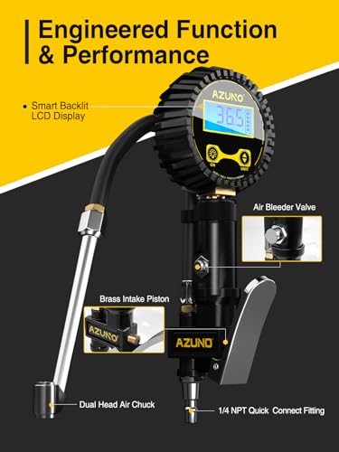 AZUNO Digital Tire Inflator with Pressure Gauge, 200 PSI, Heavy Duty Air Compressor Accessories, with Rubber Hose Lock on Air Chuck and Quick Connect Coupler, Comes with a Portable Carrying Box