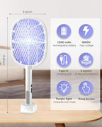 2PACK Electric Fly Swatter,4000V Bug Zapper Racket,2 in 1 Mosquito Zapper Racket with 1200ml Battery Rechargeable Purple Mosquito Killer Lamp with 3 Layers Safety Net Suitable for Indoor and Outdoor