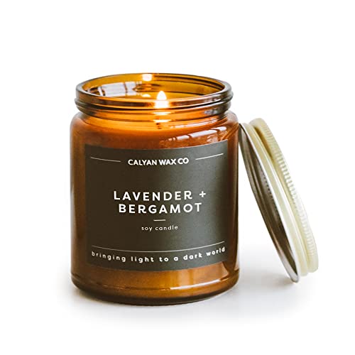 Calyan Wax Soy Wax Candle, Lavender & Bergamot Scented Candle for The Home | Premium Soy Candle with Essential Oils | Soy Candle in Amber Glass Jar | Aromatherapy Gift