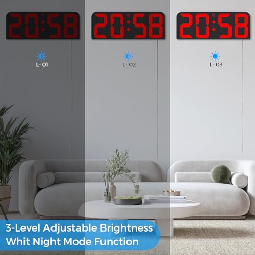 SZELAM Digital Wall Clock, 9.6” LED Large Digital Alarm Clock with Remote Control, 3 Inch Font, Desk Modern Electric Wall Clock for Living Room Bedroom Garage Decor Teens Elderly - Red