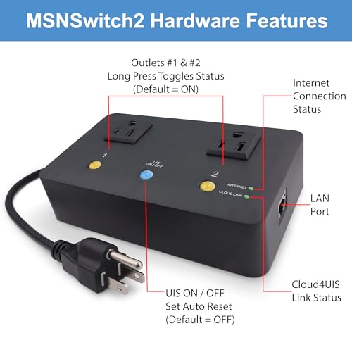 MSNSwitch2 Internet Enabled IP Remote Power Switch with Reboot - Control via Smartphone App, Cloud Service, Web Browser, API, Skype or Google Chat - 2 Independent AC Power Outlets (Model UIS-722b)