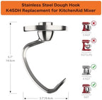 Stainless Steel Dough Hook Replacement for KitchenAid,4.5-5QT Tilt-Head Stand Mixer Attachment,Easy Clean & Heavy Duty (K45 KSM75/85/95/100/150/165/175/180/195)