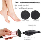 Electric Foot File Callus Remover Professional Foot File Pedicure Tools Adjustable Speed 120pcs Replacement Sandpaper disc Easy to Remove Cutin Dead Skin calluses for Men and Women(Rose Gold 120pcs)